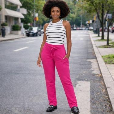 Imagem de Calça Básica Feminina Reta Moletom Stretch Flanelado Malwee, M, Rosa
