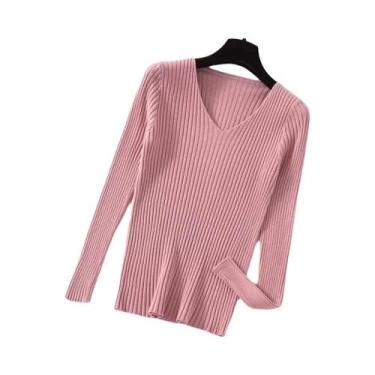 Imagem de Suéter Feminino De Tricô Gola V Manga Longa Outono Inverno Casual Bási