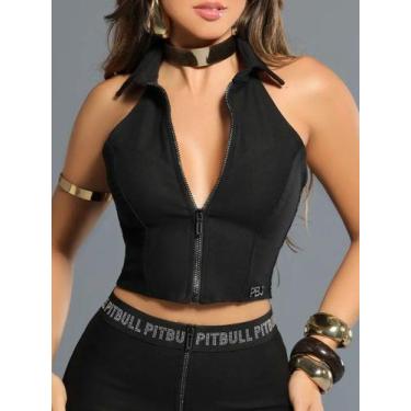 Imagem de Blusa Frente Única Com Zíper Strass PitBull Jeans 87813 COR:PRETOTAMAN