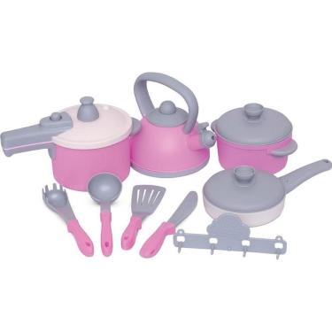 Imagem de Jogo de Panelinhas Infantil Gourmet RS com 10 Peças Bege e Cinza Mercotoys