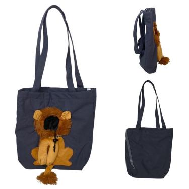 Imagem de Bolsa de Transporte para Pets Gato e Cachorro Estampa Leão Náilon Cinza com Janela de Ventilação