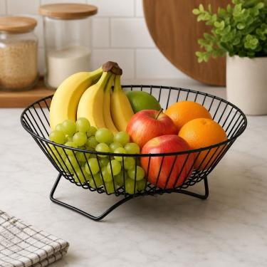 Imagem de Fruteira Aramada de Mesa Redonda Organizador para Frutas Metal Moderna Cozinha e Bancada Preta
