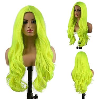 Imagem de Perucas femininas sintéticas afro crespo cor laranja ondulado natural peruca longa para mulheres negras e brancas cabelo de fibra de alta temperatura Perucas de cabelo humano (cor: verde, comprimento esticado: 50,8 cm)