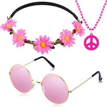 Imagem de Conjunto de 3 peças de acessórios hippie inclui colar com contas símbolo da paz, coroa de flores, óculos de sol hippie, fantasia de festa para mulheres homens