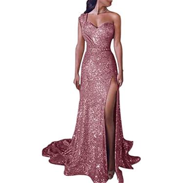 Imagem de Vestido de festa formal longo de renda feminino um ombro bronzeado com recorte lateral feminino vestido de festa para noite, ouro rosa, GG