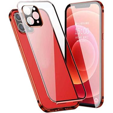 Imagem de HAODEE Capa para Apple iPhone 12 Pro (2020) 6,1 polegadas, adsorção magnética transparente dupla face vidro temperado capa de telefone HD, moldura de pára-choques de metal (cor: laranja)