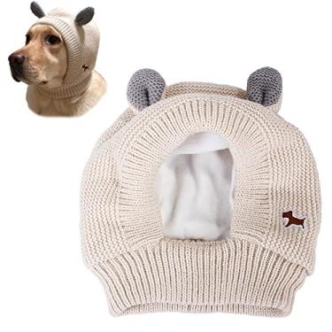 Imagem de Yajun Chapéu de malha de cachorro outono inverno boné à prova de vento para uso diário gorro de orelha de coelho de veludo decoração de festa para animal de estimação grande, bege, tamanho único