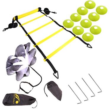 Imagem de Speed Footaball Conjunto de equipamentos de treinamento de escada de agilidade com disco de paraquedas de resistência 12 degraus escada de prática de exercícios de esportes ao ar livre, verde, 6 m