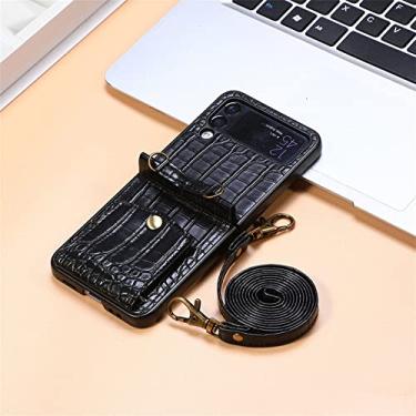 Imagem de Capa de telefone transversal para Samsung Galaxy Z Flip 4 5G impressão de crocodilo slot para cartões de crédito à prova de choque capa traseira de couro com cordão, preto, para Galaxy Z Flip4 5G
