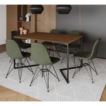 Imagem de Mesa Industrial Retangular Base V 137x90cm Amêndoa 6 Cadeiras Eames Aço Preto Estofadas Verdes
