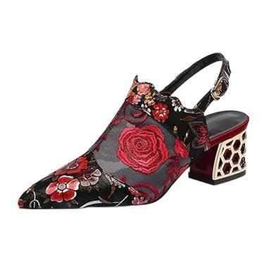 Imagem de Sandálias de renda com fivela de cinto de malha floral salto feminino primavera sapatos femininos clássicos bico fino sandálias femininas sapatos de festa, Vermelho, 38 BR