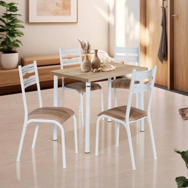 Imagem de Mesa De Jantar Retangular Com 4 Cadeiras Aço 110cm Branco Carvalho Caspian Shop Jm