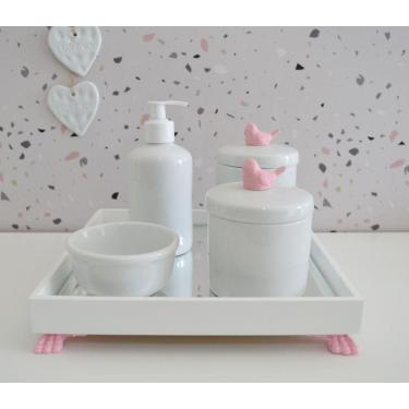 Imagem de Kit Higiene Porcelana Bebê Banho Cuidado Quarto K014 Pássaro