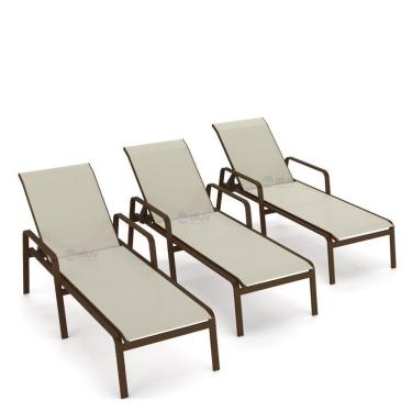 Imagem de Kit 3 Espreguiçadeira Piscina Alumínio Marrom Tela Bege