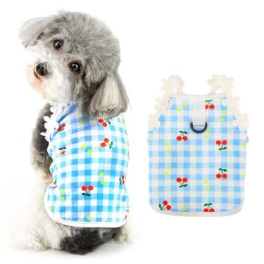 Imagem de Ranphy Camiseta para cachorro com estampa de cereja, camiseta xadrez para cães pequenos, meninas, meninos, roupas de primavera e verão com anel em D para gatos chihuahua yorkie