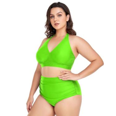 Imagem de Biquíni feminino plus size, conjunto de biquíni de 2 peças, cintura alta, frente única, franzido com parte inferior, Verde brilhante, G Plus Size