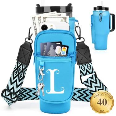 Imagem de LOKASS Suporte de garrafa de água personalizado com alça para acessórios Stanley Cup Tumbler de 1,134 g, bolsa de transporte inicial para garrafa de água com bolso para telefone, para mulheres, ideal