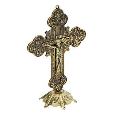 Imagem de Srliya Crucifixo Base Estável de Bronze Incrustada Estilo Vintage Vermelho Atraente Decoração de Mesa de Metal Decorativa para Presente Católico