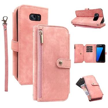 Imagem de Capa carteira compatível com Samsung Galaxy S7 com 9 compartimentos para cartões de couro retrô com suporte para cartão de crédito, acessórios para celular, bolsa, cordão, capa para celular para S 7