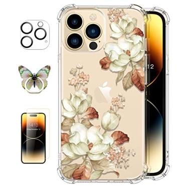 Imagem de [4 em 1] RoseParrot Capa para iPhone 14 Pro Max com protetor de tela de vidro temperado + protetor de lente de câmera, transparente com design de padrão floral, capa protetora à prova de choque (flores douradas)