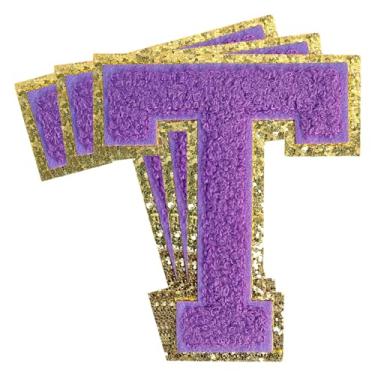 Imagem de 3 peças de remendos de letras de chenille roxo glitter ferro em remendos de letras universitários remendo bordado de chenille costurar em remendos para roupas chapéu bolsas jaquetas camisa (roxo, T)