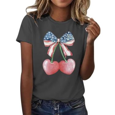 Imagem de Camiseta feminina Dia da Independência com estampa de laço de cereja e coração blusa de manga curta gola redonda 4 de julho, Cinza escuro, XXG