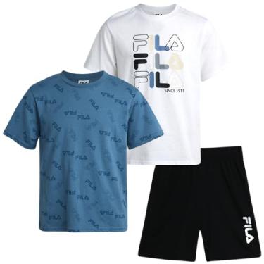 Imagem de Fila Conjunto de shorts para meninos - Camiseta ativa de manga curta de 3 peças e shorts felpudos franceses - Conjunto de roupas de verão para meninos (4-12), Preto/branco/azul, 8