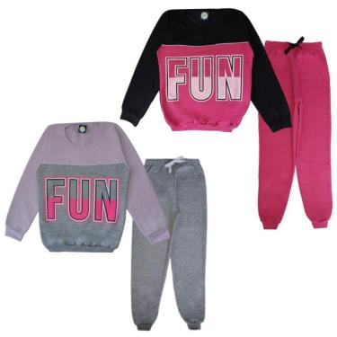 Imagem de 2 Conjuntos Moletom Juvenil Feminino Blusa Calça Flanelado Roupa inverno menina Agasalho infantil-Feminino