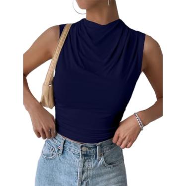 Imagem de SOFIA'S CHOICE Camisa feminina listrada de manga comprida gola redonda de algodão casual, Azul-marinho, M
