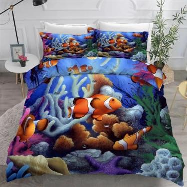 Imagem de Jogo de cama com 3 peças de capa de edredom com estampa de concha e estampa de peixe-palhaço, 1,72 m x 2,28 m e 2 fronhas, com fecho de zíper e laços