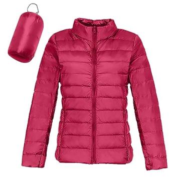 Imagem de Jaqueta feminina acolchoada embalável, leve, curta, de inverno, moderno, slim fit, jaqueta acolchoada leve com capuz, 3 - Rosa choque, M