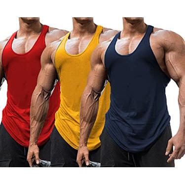 Imagem de Babioboa Pacote com 3 camisetas regatas masculinas para academia, treino, costas em Y, musculação, sem mangas, Azul-marinho/amarelo/vermelho - pacote com 3, X-Large