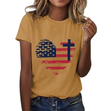 Imagem de Camisetas femininas patrióticas de 4 de julho com estampa de coração com bandeira americana, túnicas, manga curta, gola redonda, verão, Amarelo, 3G