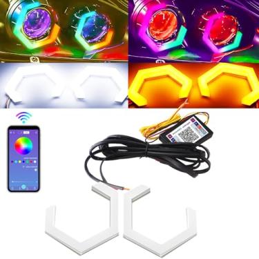 Imagem de Qasim Hexagon Angel Eyes 86 mm RGB APP Control Halo Rings Retrofit Car Motorcycle Light Accessories Decoração DRL Driving Day Light RGB Streamer Âmbar Luz de seta, 86 mm, pacote com 2