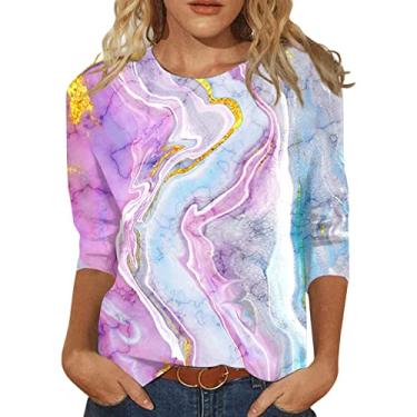 Imagem de Camisetas femininas com estampa floral, manga 3/4, gola redonda, blusa solta e estampa casual outono básico, Rosa choque, M
