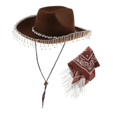 Imagem de rockible Chapéu de Cowboy com Franja de Strass, Chapéu de Cowgirl Branco para Festa de Cosplay de Concerto