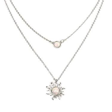 Imagem de COLORFUL BLING Colar gargantilha em camadas com 2 camadas de lua e sol, pingente de opala de girassol para presente para mulheres e meninas, Metal