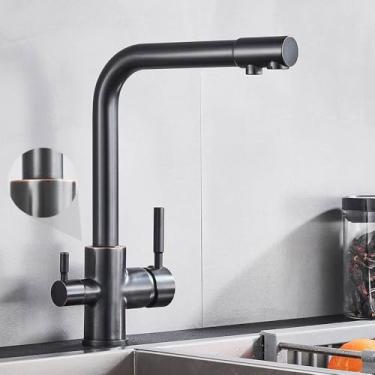 Imagem de Torneira de cozinha com 3 vias, furo único, 2 alças, misturador de água quente e fria, filtro de água pura, bronze preto