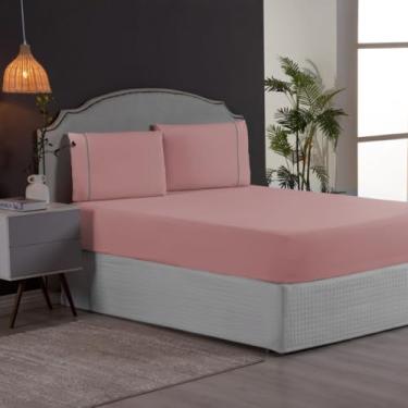 Imagem de Jogo de Lençol Solteiro com Elástico e Fronha com Ponto Palito 2 Peças Roupa de Cama Box (ROSÊ)
