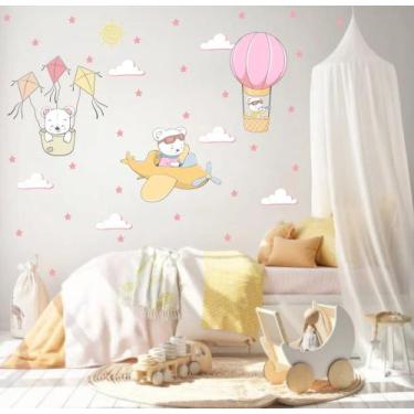 Imagem de adesivo de parede urso aviador pipas balão e estrelas rosa - adesivos 