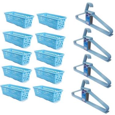 Imagem de Kit 10 Cestos Organizador Retangular 28x11x8 Cm + 20 Cabides Azul - Tr