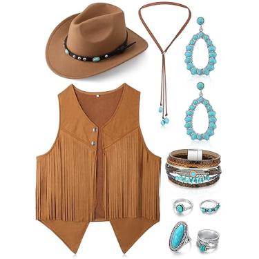 Imagem de Suhine Pacote com 9 roupas ocidentais para mulheres, colete de cowgirl, boho, chapéu de caubói, kit de joias para cosplay de Halloween, Caqui, M