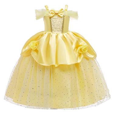 Imagem de REXREII Bela Princesa A Bela e a Fera Fantasia Meninas Halloween Natal Fancy Festa Aniversário Noite Vestido Amarelo 002 3-4T