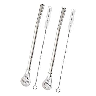 Imagem de Canudo de Yerba Mate Bombilla, canudos de aço inoxidável com colher de filtro, canudos de chá destacáveis, reutilizáveis para chá solto, café, bebidas, com 2 escovas de limpeza, 18,2 cm (pacote com 2, prata)