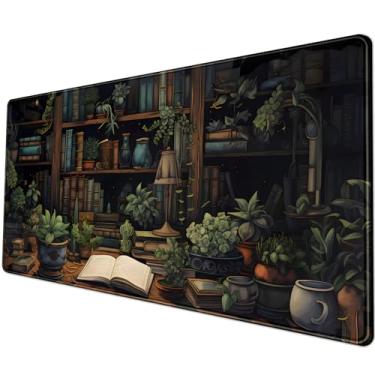 Imagem de Tapete de mesa verde bonsai biblioteca livro mouse pad grande vintage estético almofada de mesa flor planta mouse pad grande gaming mousepad teclado XXL tapete de mouse tapete de mesa mesa de