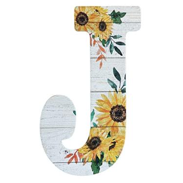 Imagem de COLLECTIVE HOME - Letras de madeira de 30,5 cm para decoração de parede, placa de parede rústica, placas de alfabeto decorativas, número de casa, decorações para festa de inauguração de casa de aniversário de casamento, branco lavado, girassol (J)
