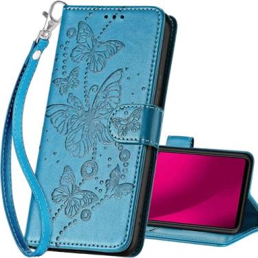 Imagem de SASYMALY Capa carteira T-Mobile Revvl 7 Pro 5G, capa flip com suporte para mulheres e homens, capa de telefone de couro PU adequada para T-Mobile Revvl 7 Pro 5G [Azul-borboleta]