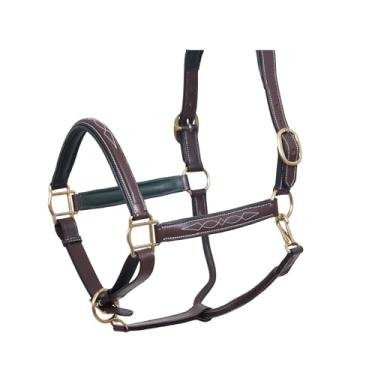 Imagem de SIE EQUESTRIAN Cabresto de cavalo de couro com ferragens de latão, rosa e preto (marrom com acolchoamento verde, espiga)