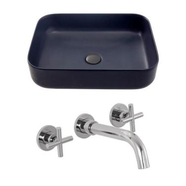 Imagem de Kit Cuba para Banheiro Retangular Slim Cerâmica Fluorita e Torneira Du