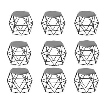 Imagem de Kit 09 Puff Banqueta Aramado Mila Base Preta Hexágono Suede Cinza - DA